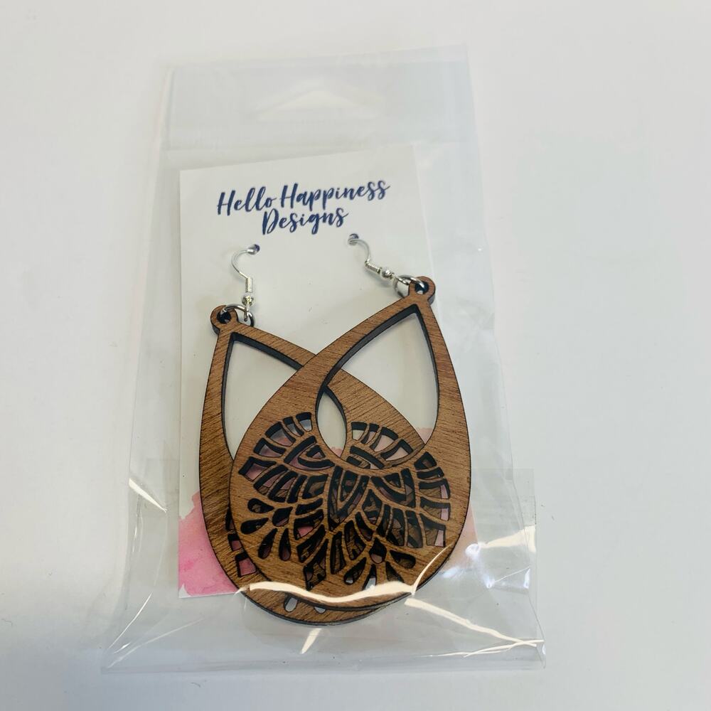 Wood  Laser Cut 2.5" x 1 3/8" Earrings Brown Boho
